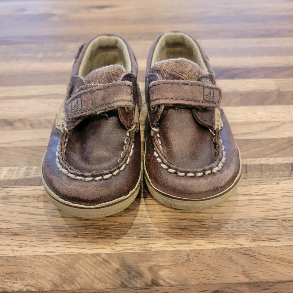 Sperry Blufish Top Sider Brown Leather & Plaid Infant Baby Boat Shoes